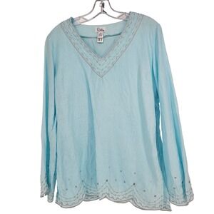 Lilly Pulitzer VTG White Label Linen Beaded Peasant Tunic Top S Aqua Boho Beachy